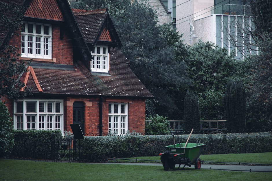 A photograph of a front garden in Bedford Hill during daytime, showcasing a neatly maintained landscape with a lawn, garden beds bordered by bricks, and a paved pathway leading to the entrance. The la