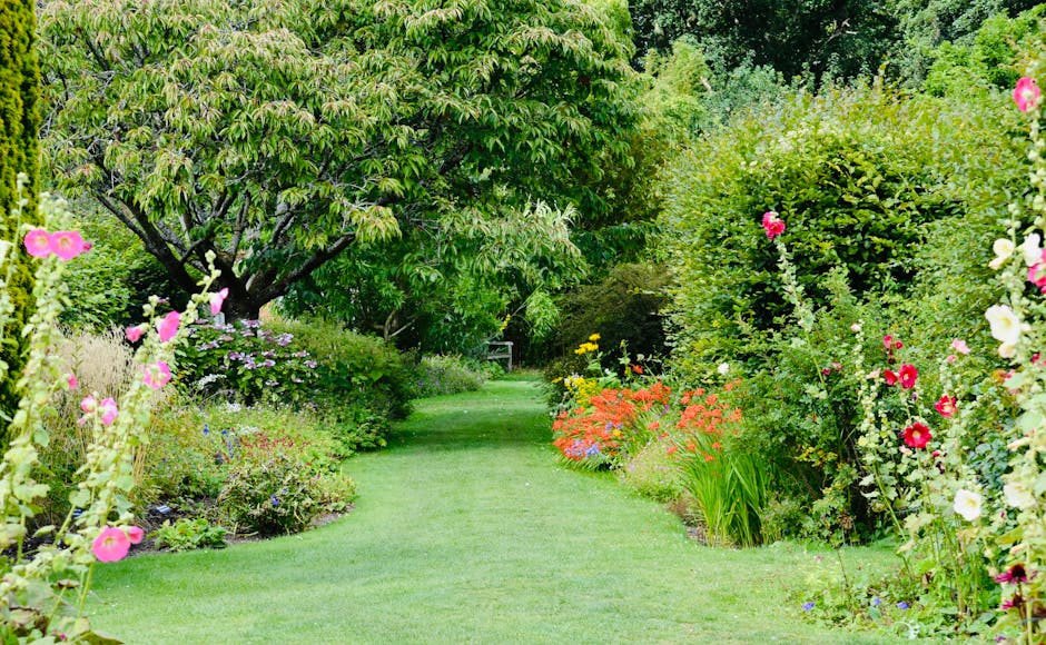 A lush garden scene with a well-maintained, vibrant green lawn running through the center, bordered by colorful flower beds and shrubs. On the left, tall pink hollyhocks and lavender-colored blooms gr